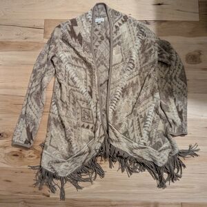 LUCKY BRAND Fringed Brushed Tan Knit Cardigan Sweater Boho Aztec Design M/M